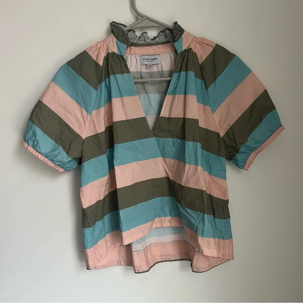 Olivia James The Label Cotton Poplin VNeck Striped Top Women's Small
